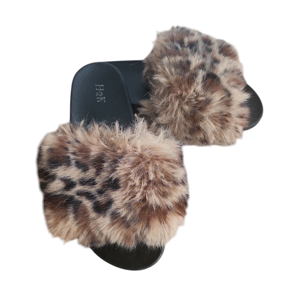 Faux Fur Leopard Print Slides